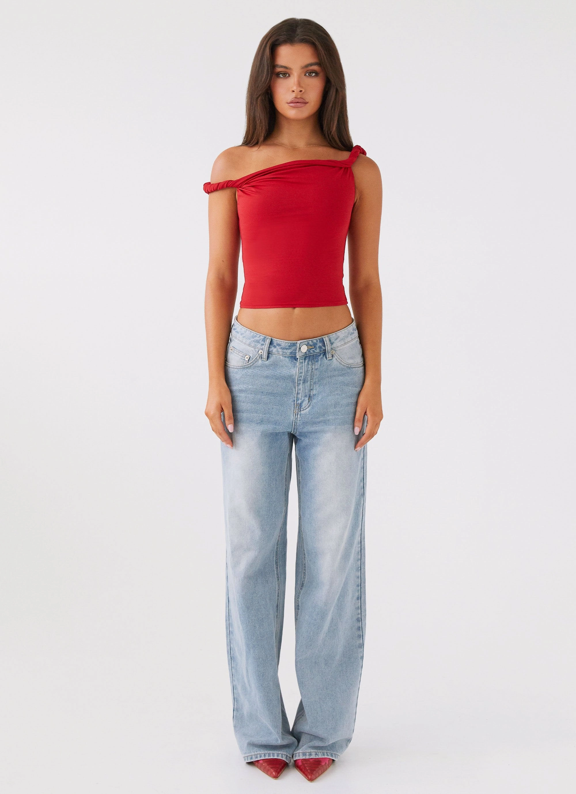 Solace Soul Twist Shoulder Top - Red Sustainable Production Methods