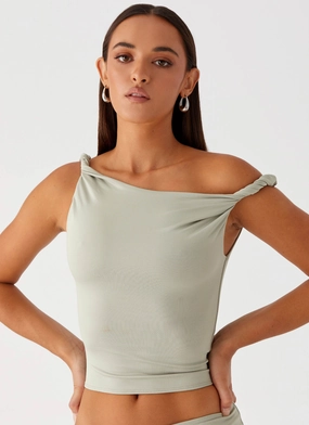 Solace Soul Twist Shoulder Top - Sage Stretch Fit Non Restrictive Fit