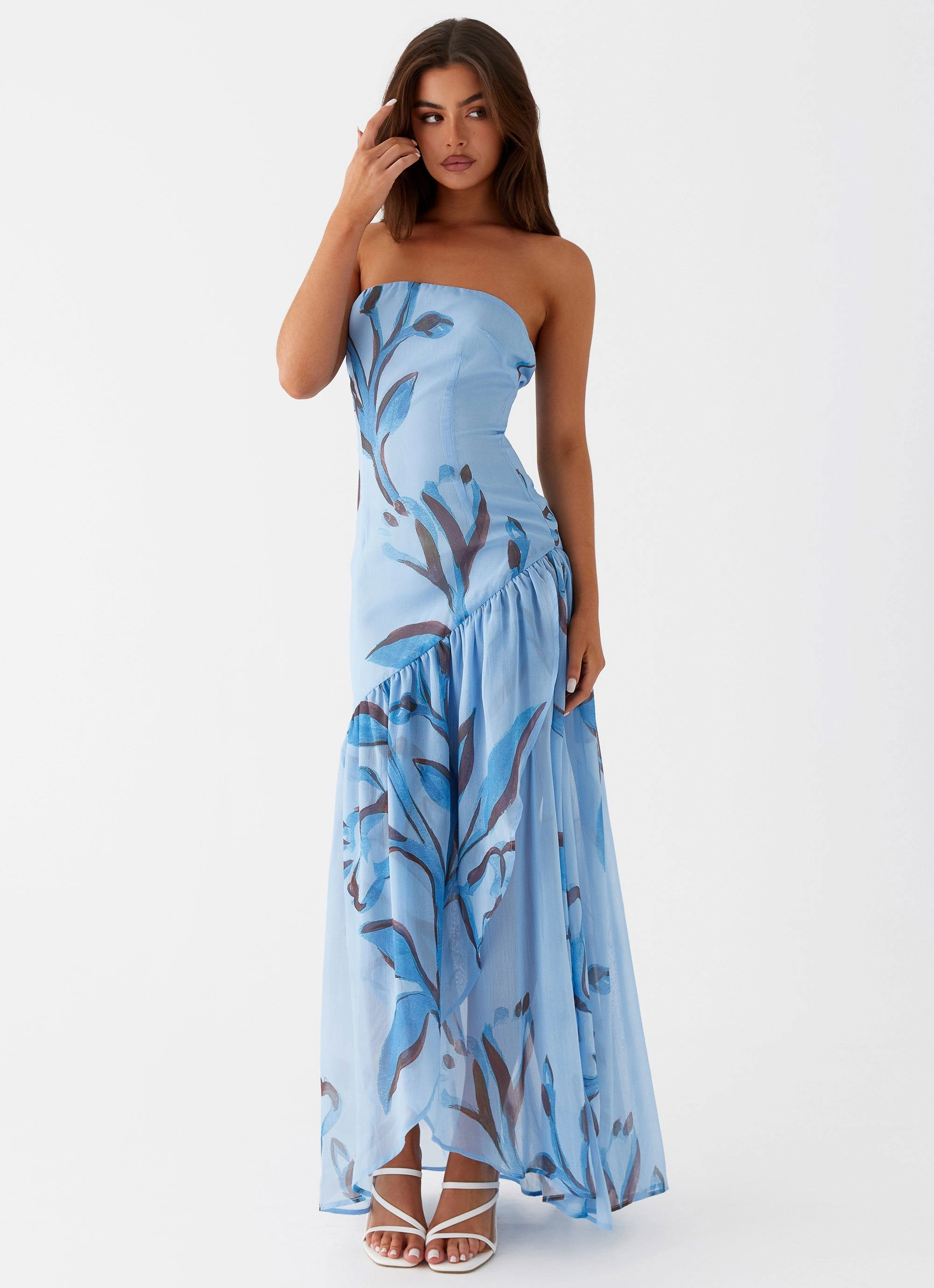 Party Perfect Formal Aura Solaris Strapless Maxi Dress - Blue Floral