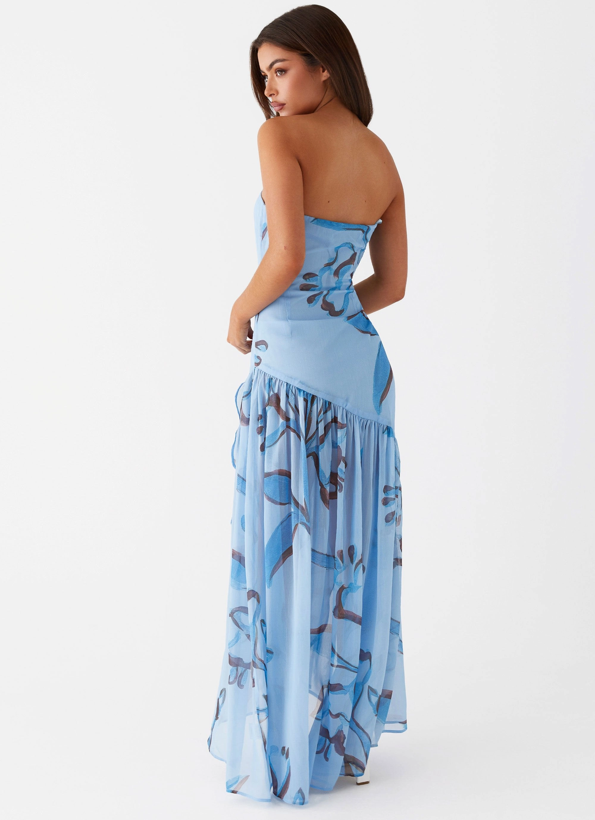Casual and Comfy Edge Detail Solaris Strapless Maxi Dress - Blue Floral