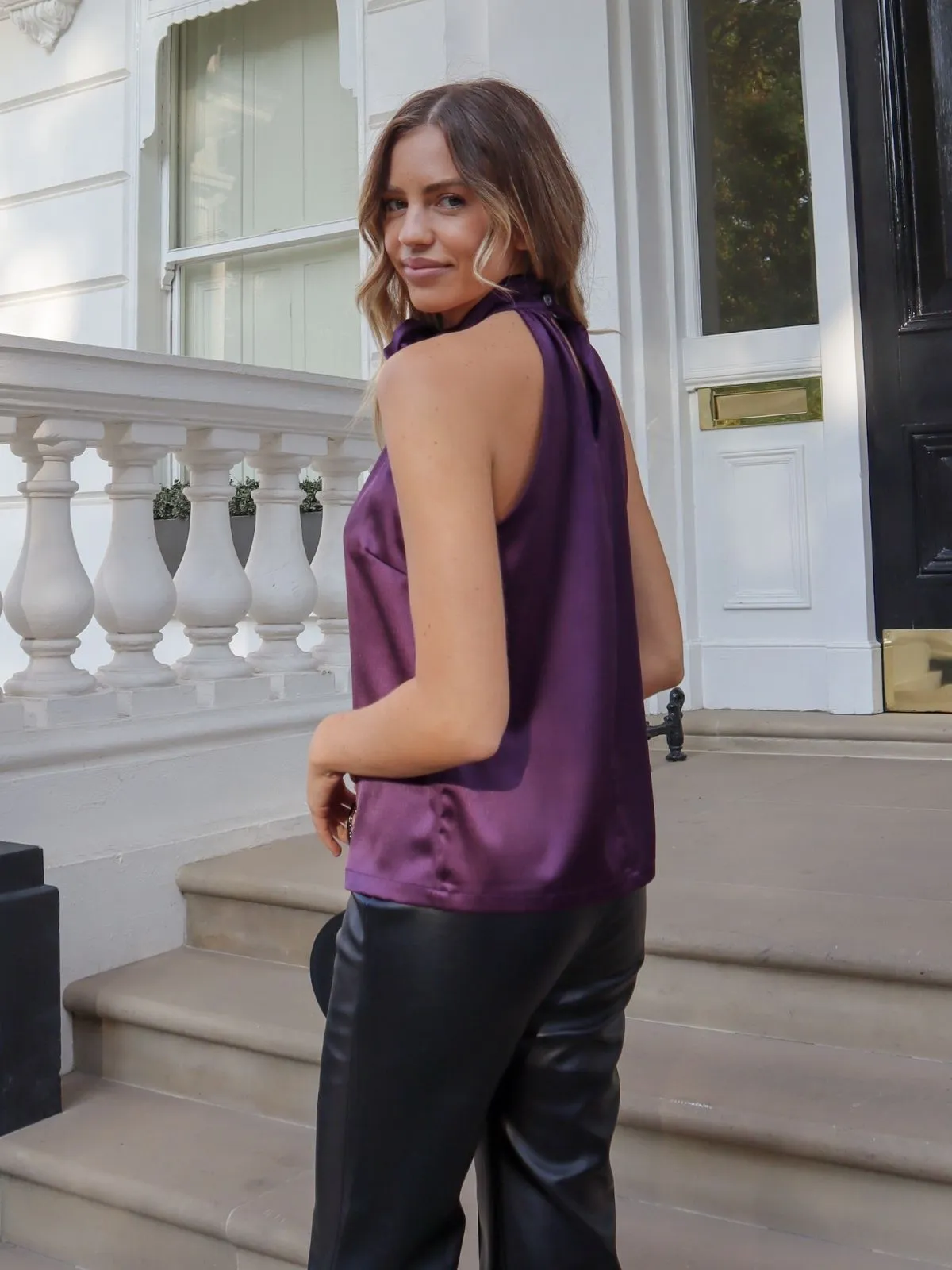 Nylah Satin Corsage Halter Top / Purple Back-Zip