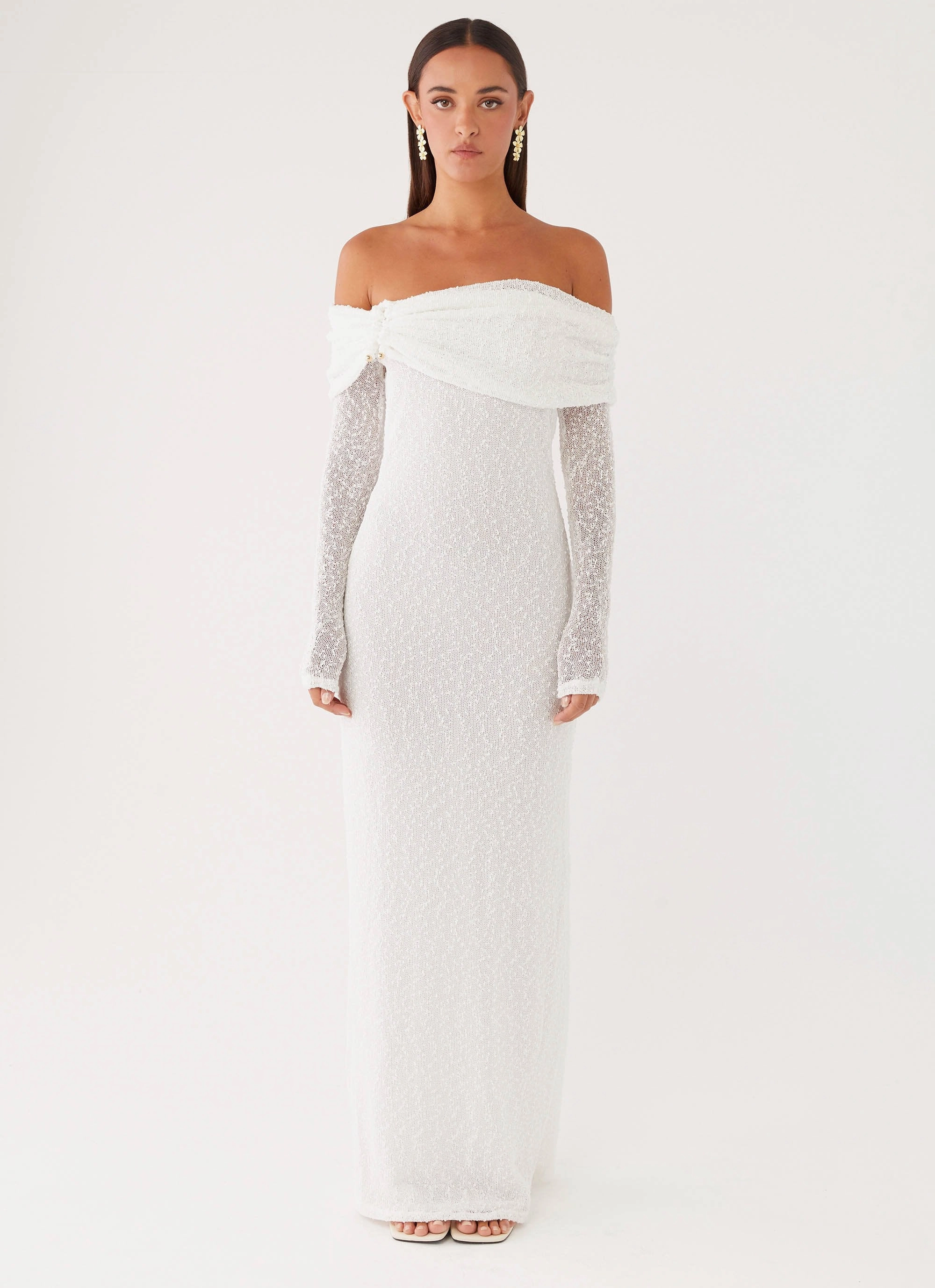 Pollyanna Knit Hardware Maxi Dress - Ivory High Hemline Sleek Waistband