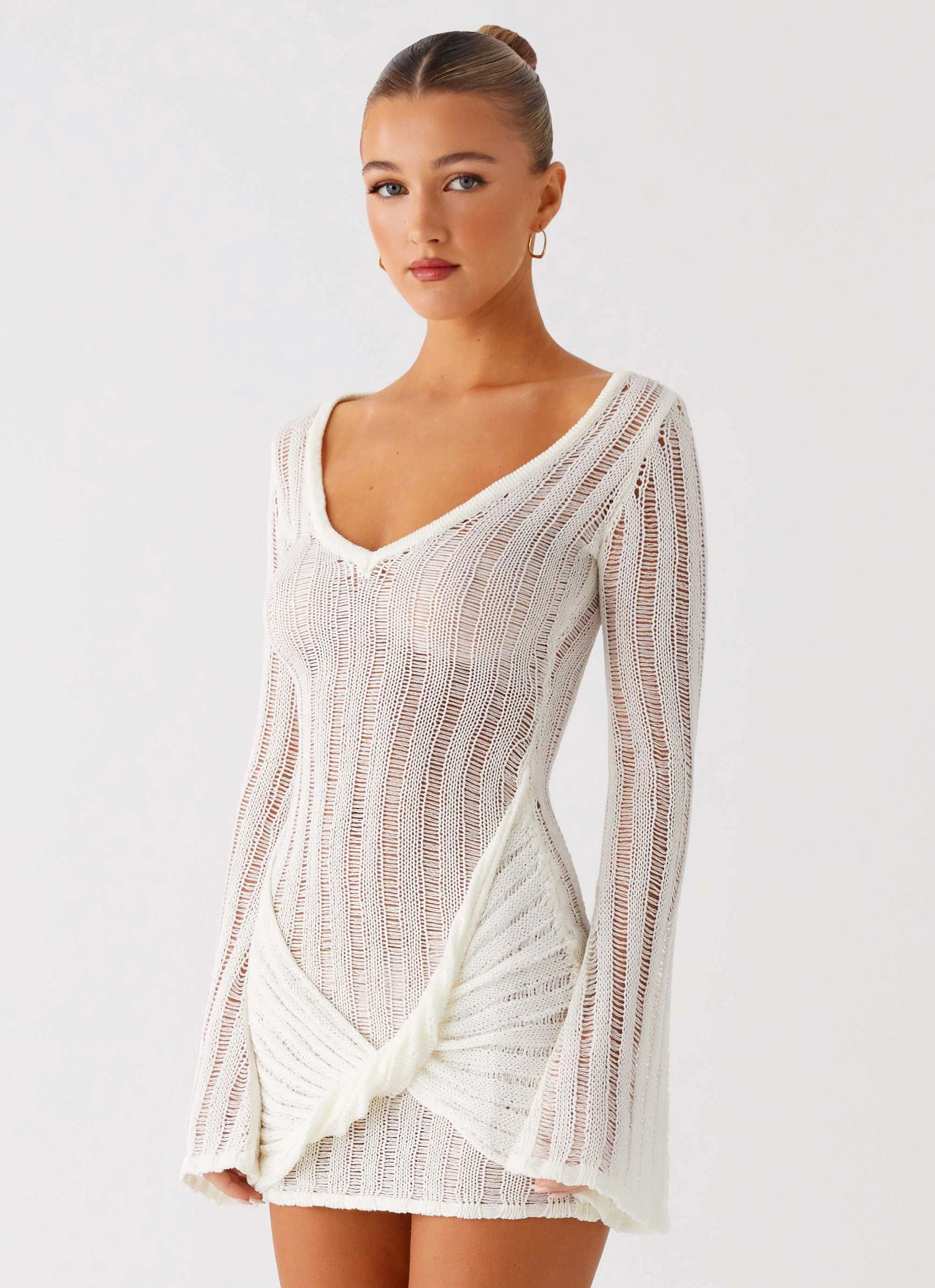 Sorelle Long Sleeve Twist Mini Dress - Ivory Comfy and Cozy
