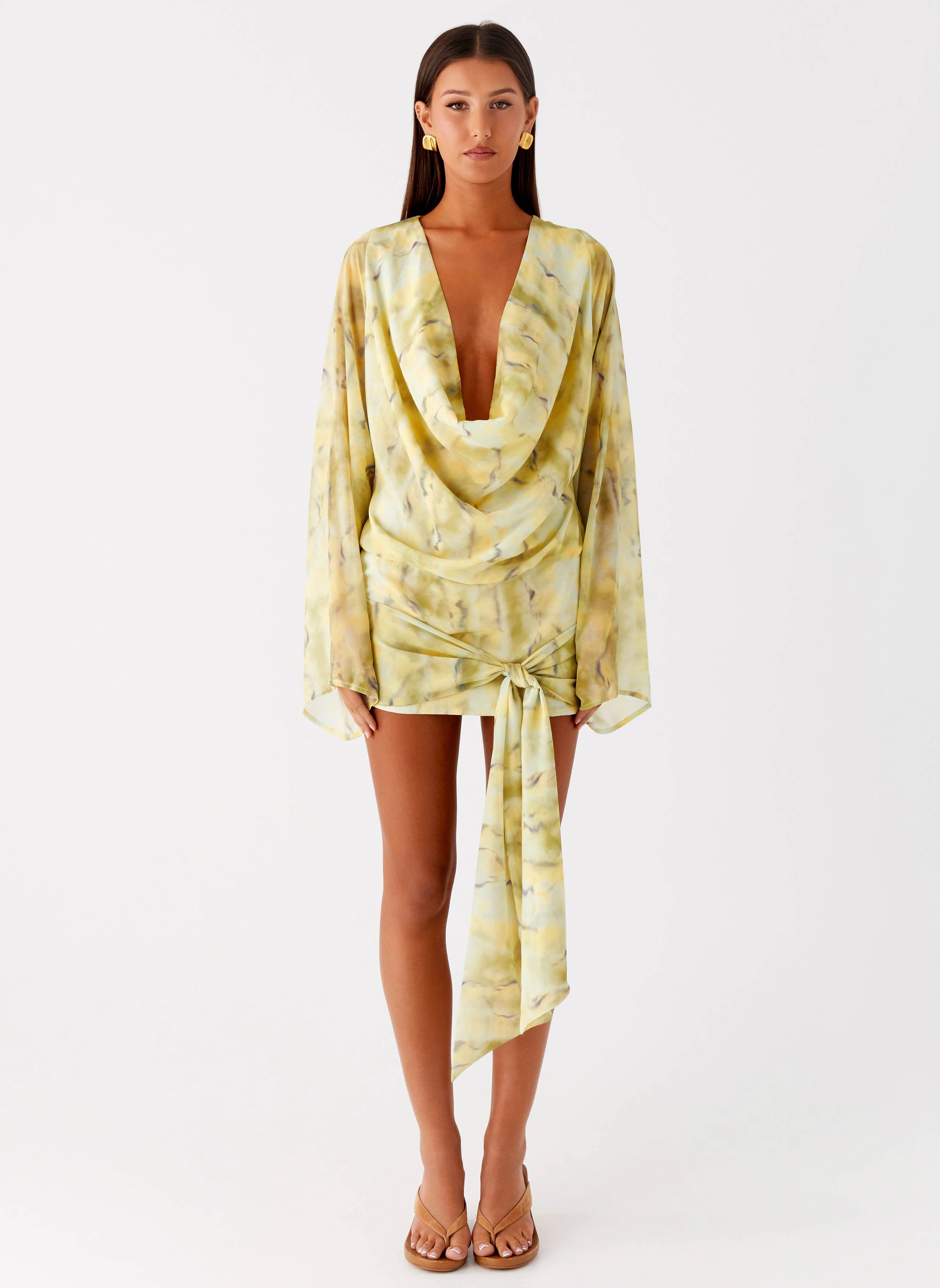 Gathered Skirt Sorrel Long Sleeve Mini Dress - Yellow Tie Dye