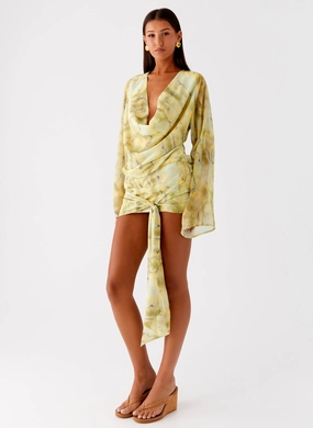 Sorrel Long Sleeve Mini Dress - Yellow Tie Dye Olive Tone Date-Night