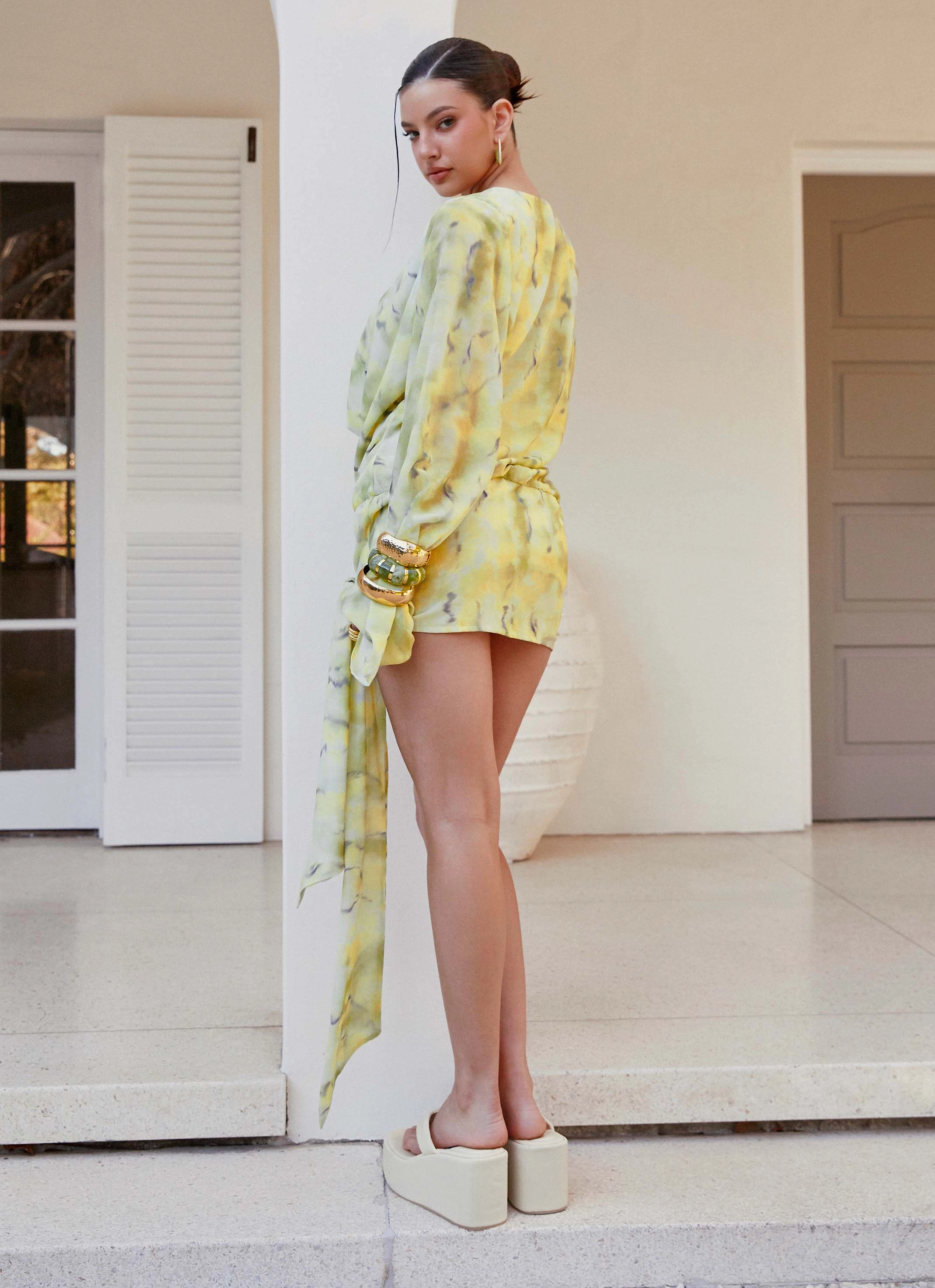Minimal Mood Sorrel Long Sleeve Mini Dress - Yellow Tie Dye