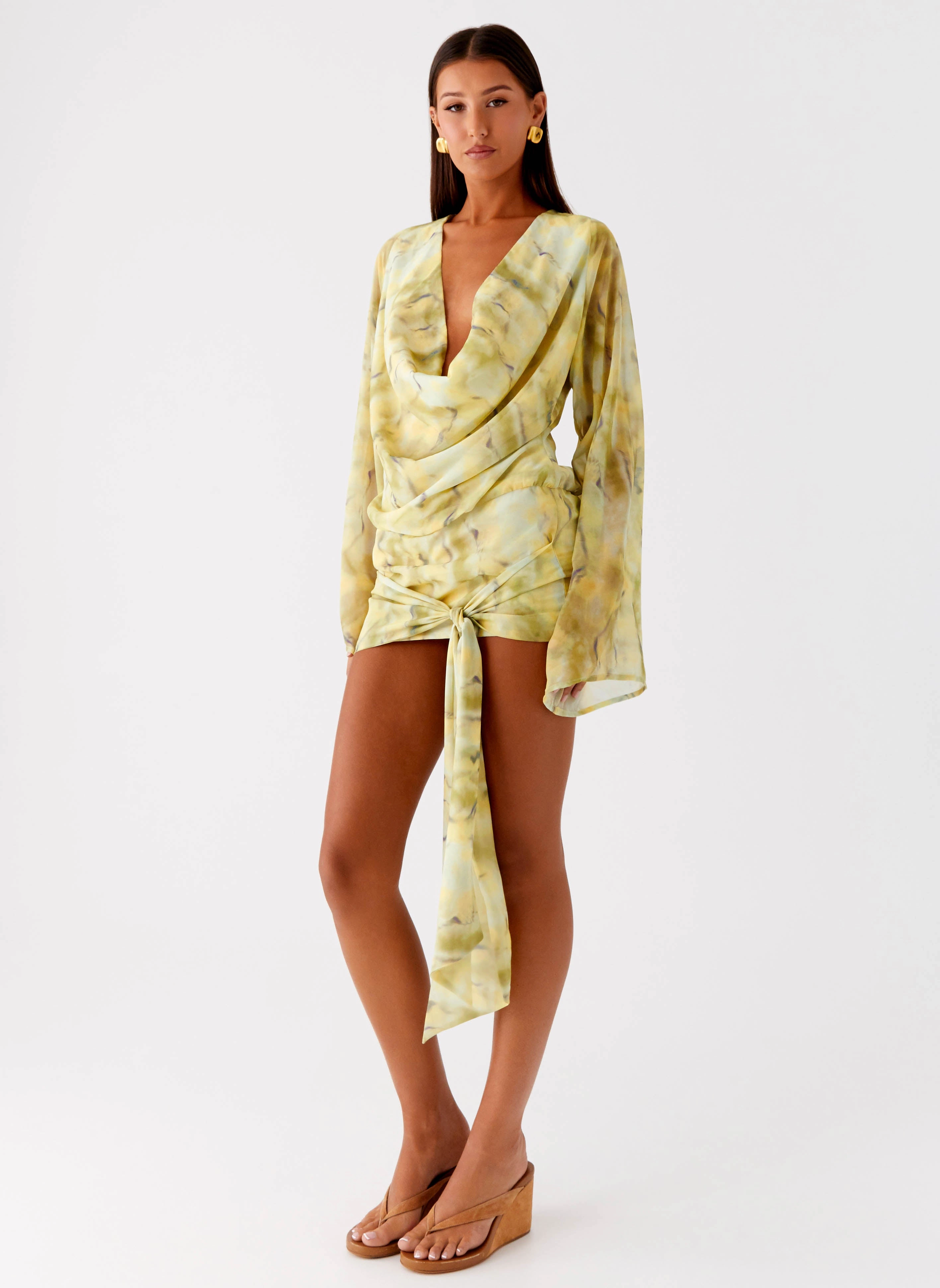Sorrel Long Sleeve Mini Dress - Yellow Tie Dye Olive Tone Date-Night