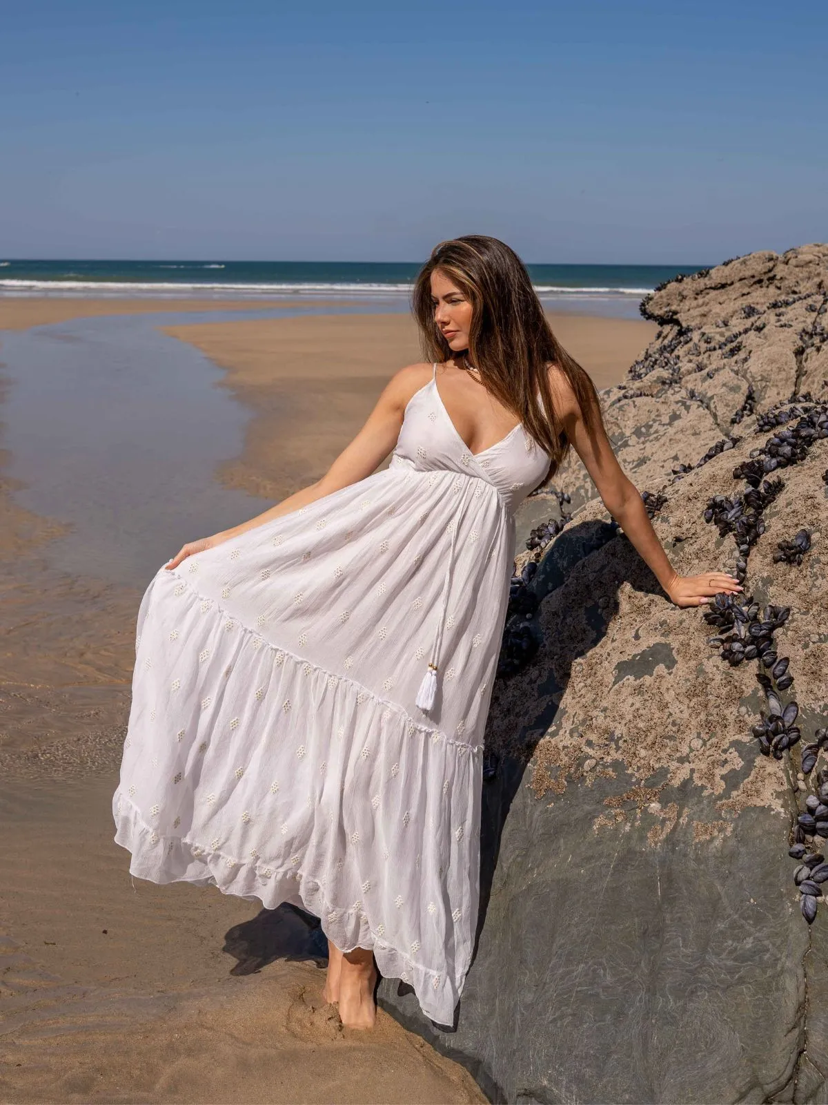 South Beach Marbella Tie Front Sequin Maxi Dress / White Fresh Tones