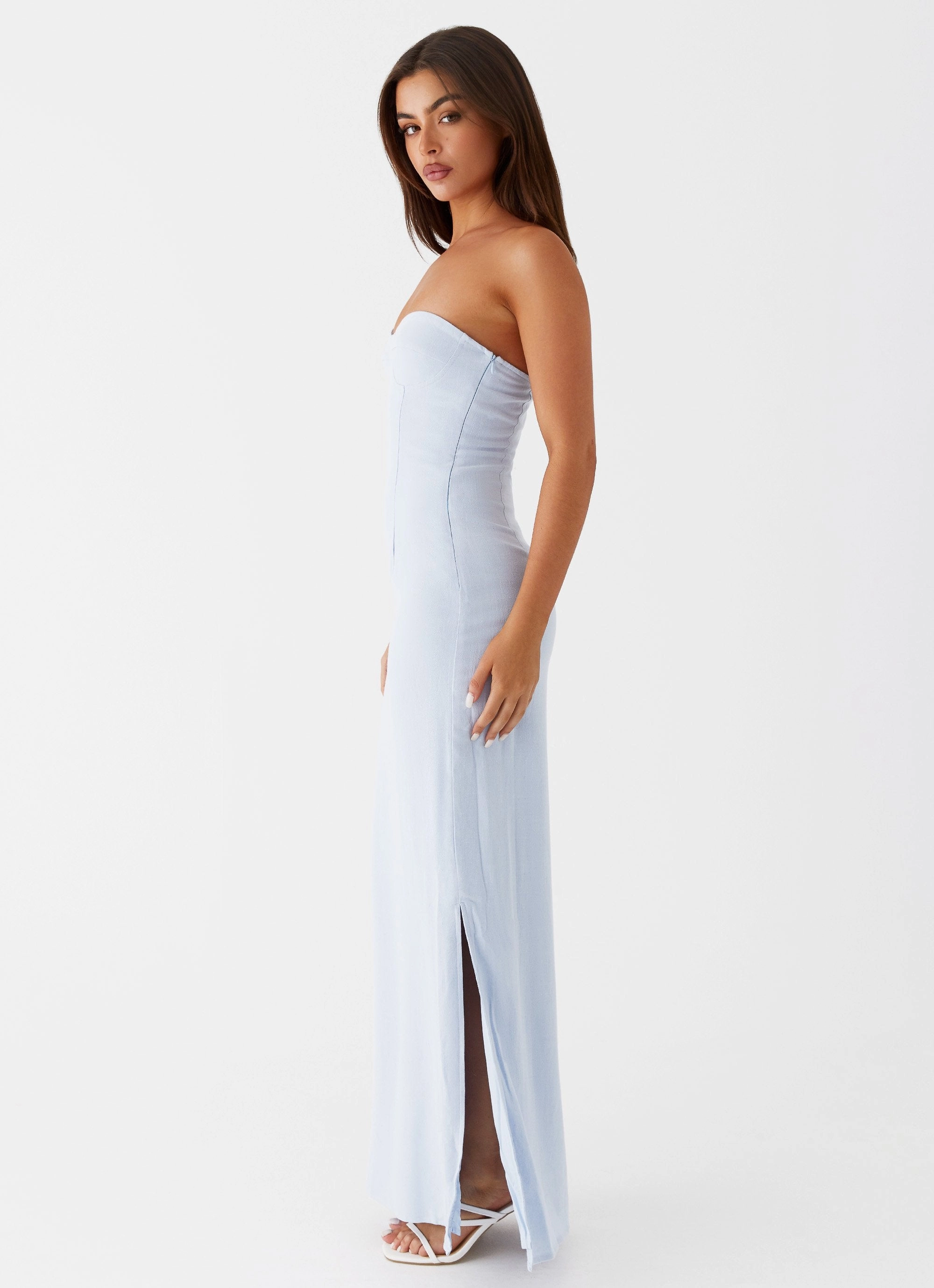 Theater-Night Sleeveless Cut Esra Linen Strapless Maxi Dress - Blue