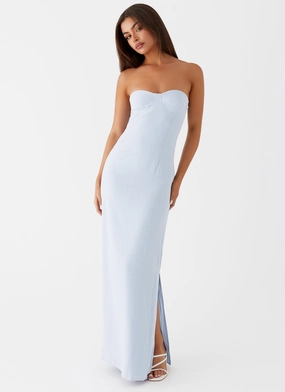 Esra Linen Strapless Maxi Dress - Blue Fold-Over-Detail Effortless Fit