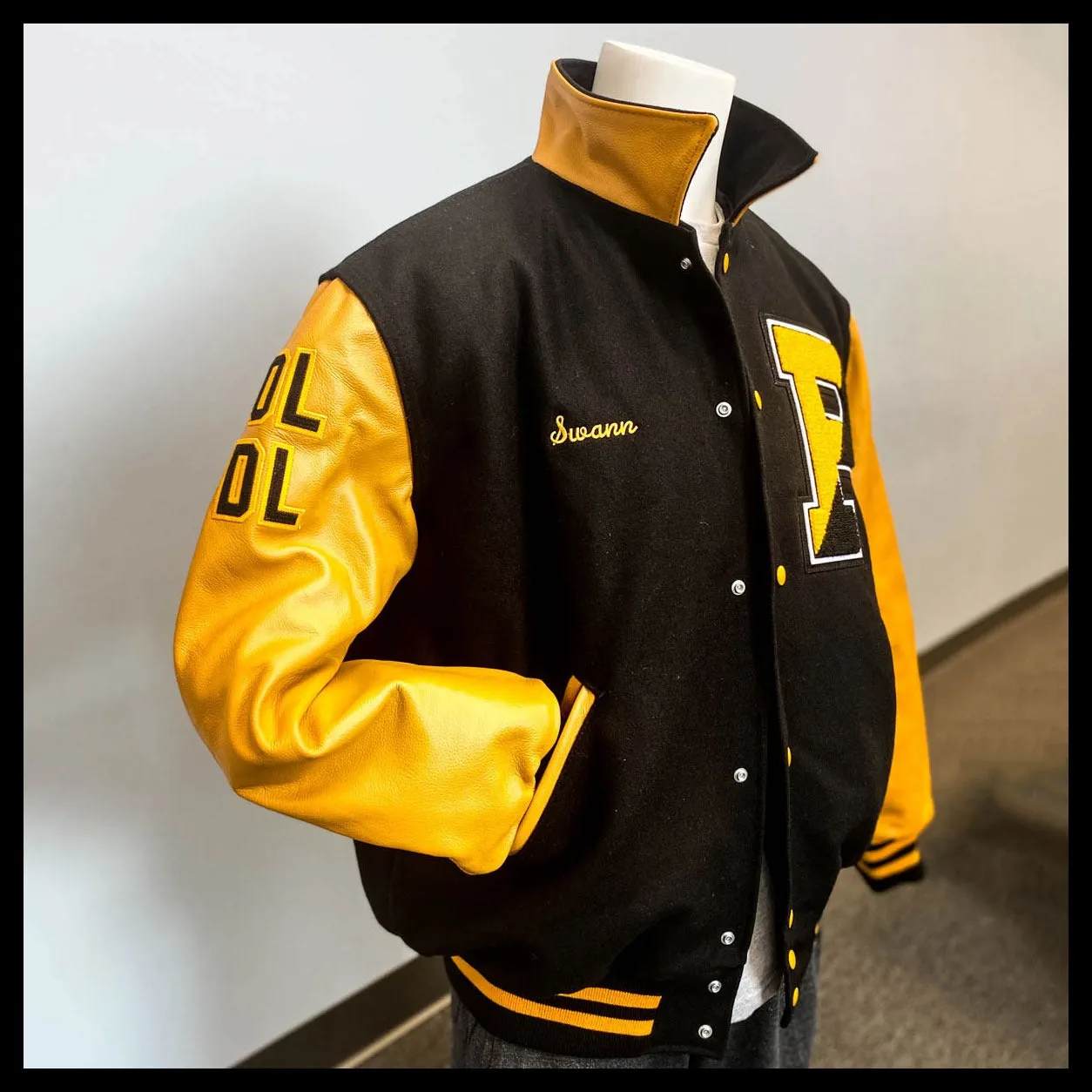 Spine Spark Black Wool Varsity Jacket Gold Yellow Leather Sleeves