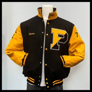 Spine Spark Black Wool Varsity Jacket Gold Yellow Leather Sleeves
