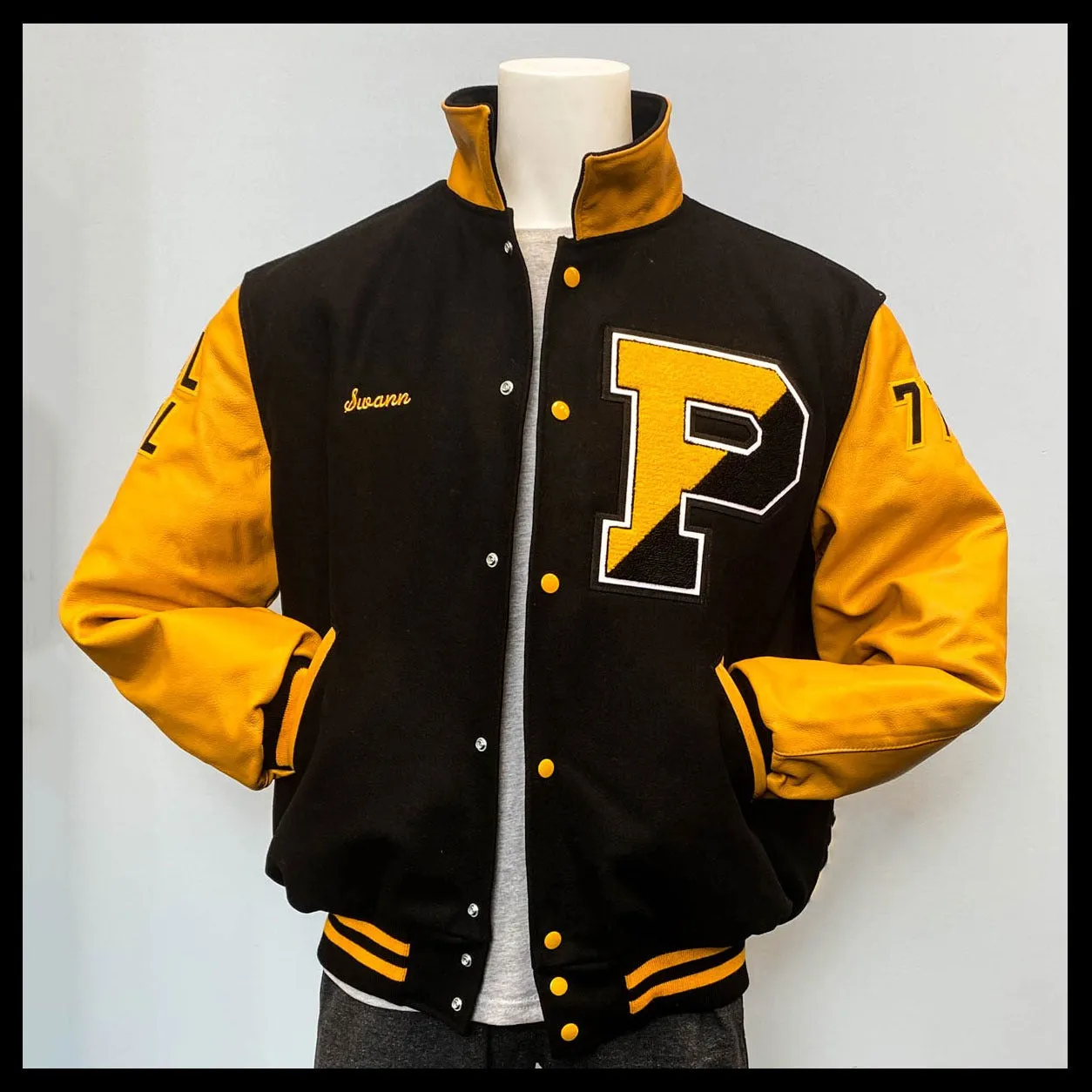 Spine Spark Black Wool Varsity Jacket Gold Yellow Leather Sleeves
