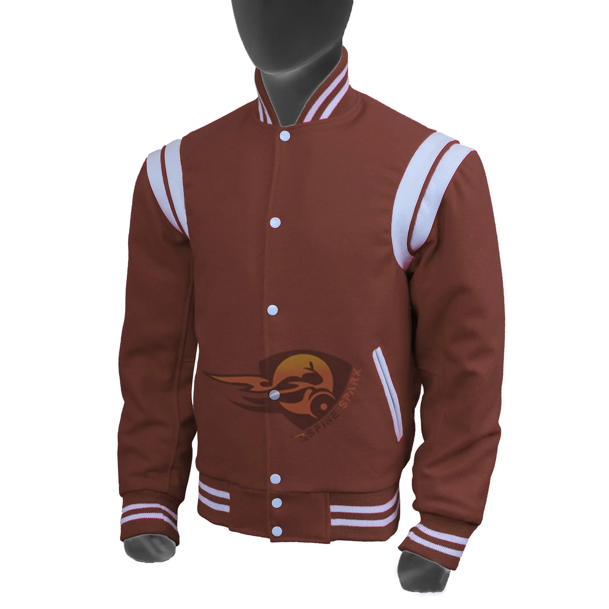 Spine Spark Brown Wool Varsity Jacket White Leather Stripes