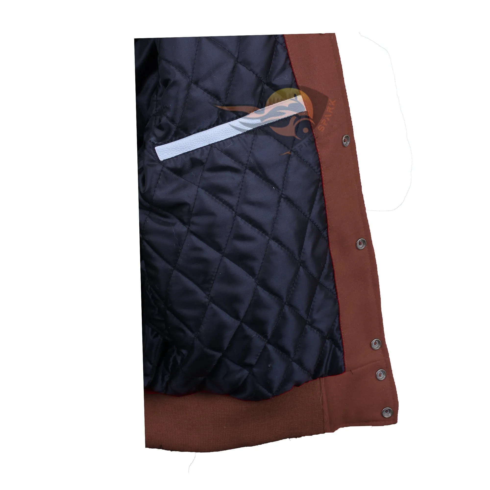 Spine Spark Brown Wool Varsity Jacket White Leather Stripes