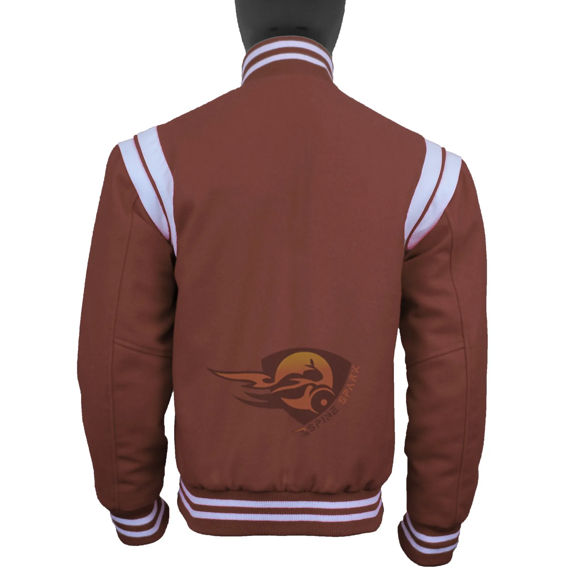 Spine Spark Brown Wool Varsity Jacket White Leather Stripes