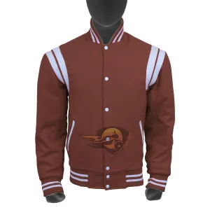 Spine Spark Brown Wool Varsity Jacket White Leather Stripes
