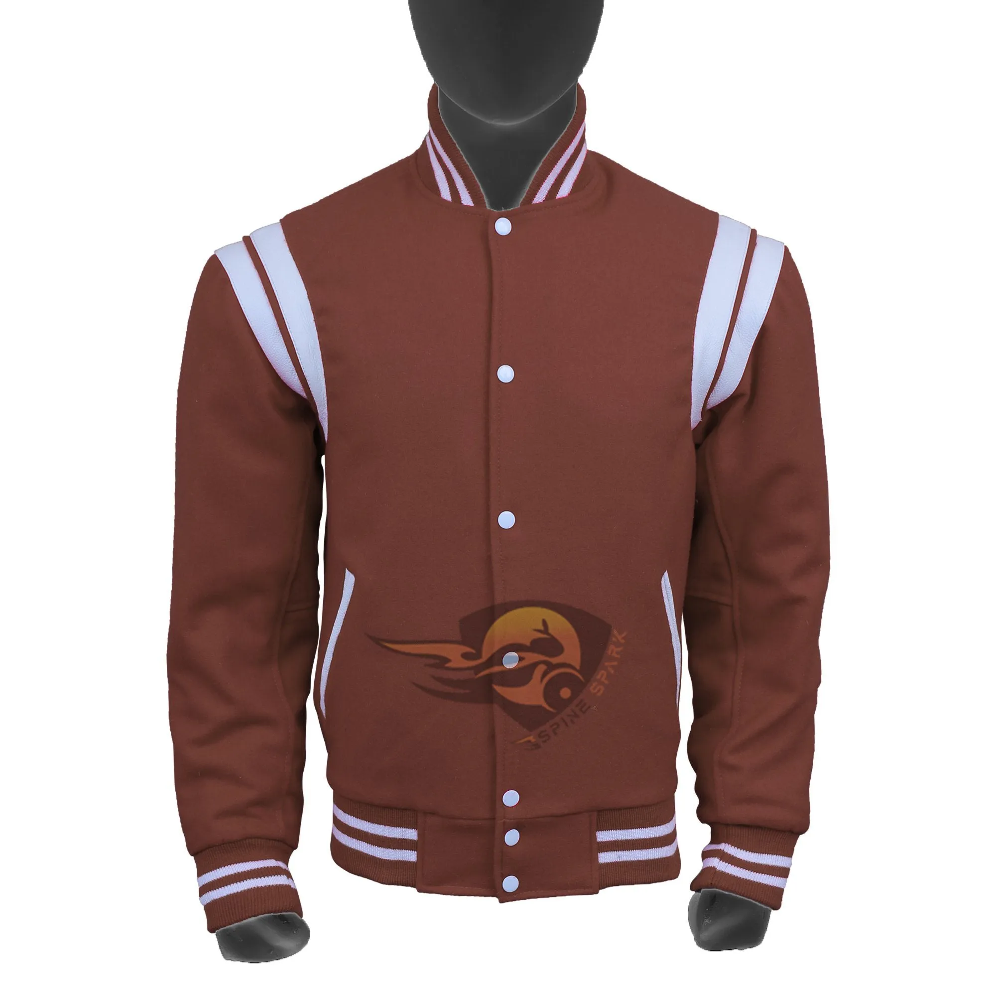 Spine Spark Brown Wool Varsity Jacket White Leather Stripes