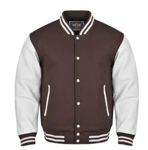 Spine Spark Dark Brown Wool Varsity Jacket White Leather Sleeves