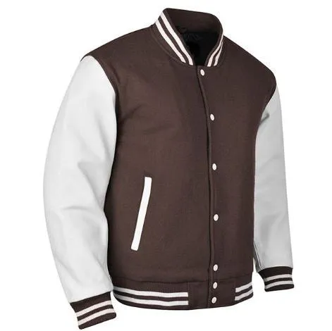 Spine Spark Dark Brown Wool Varsity Jacket White Leather Sleeves