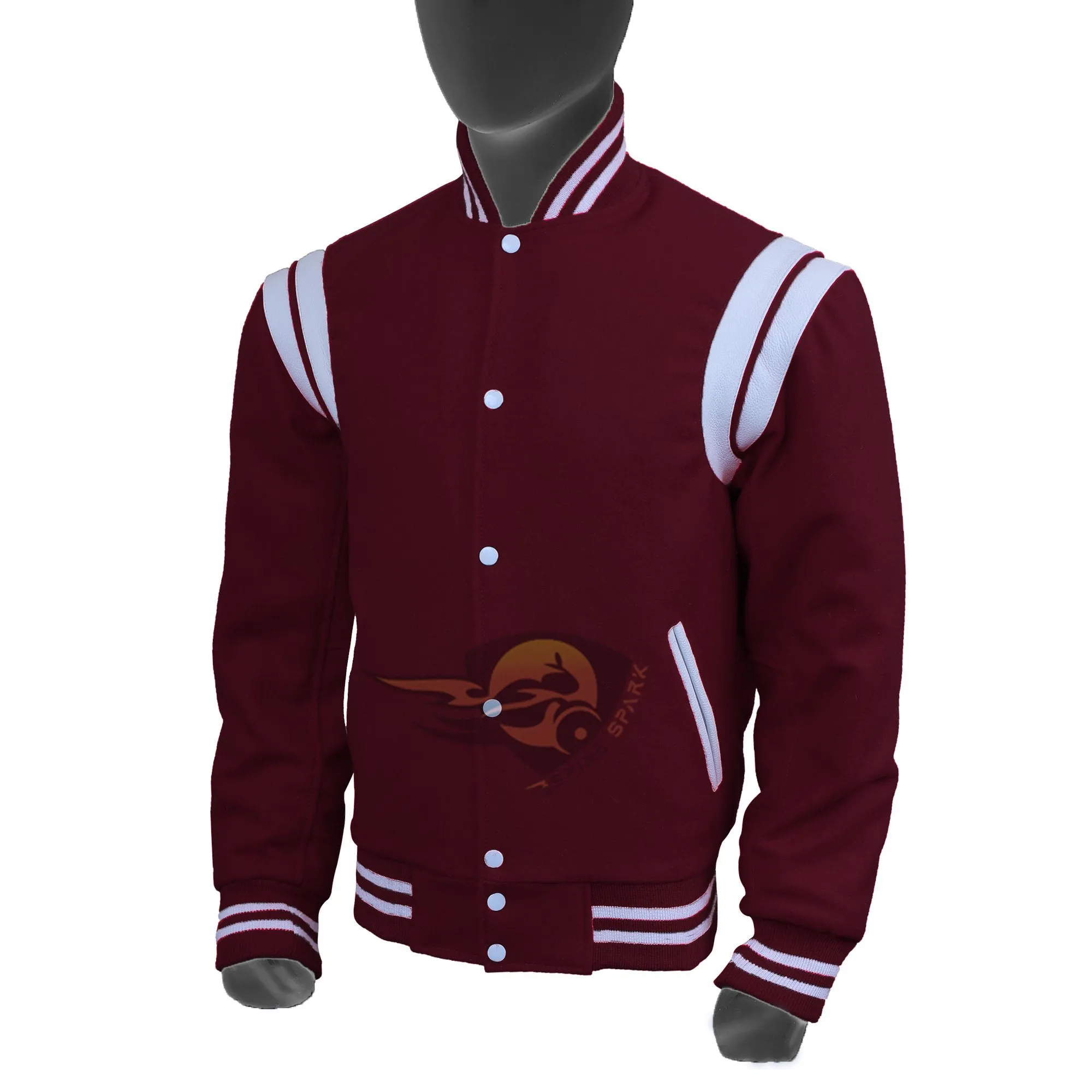 Spine Spark Maroon Wool Varsity Jacket White Leather Stripes