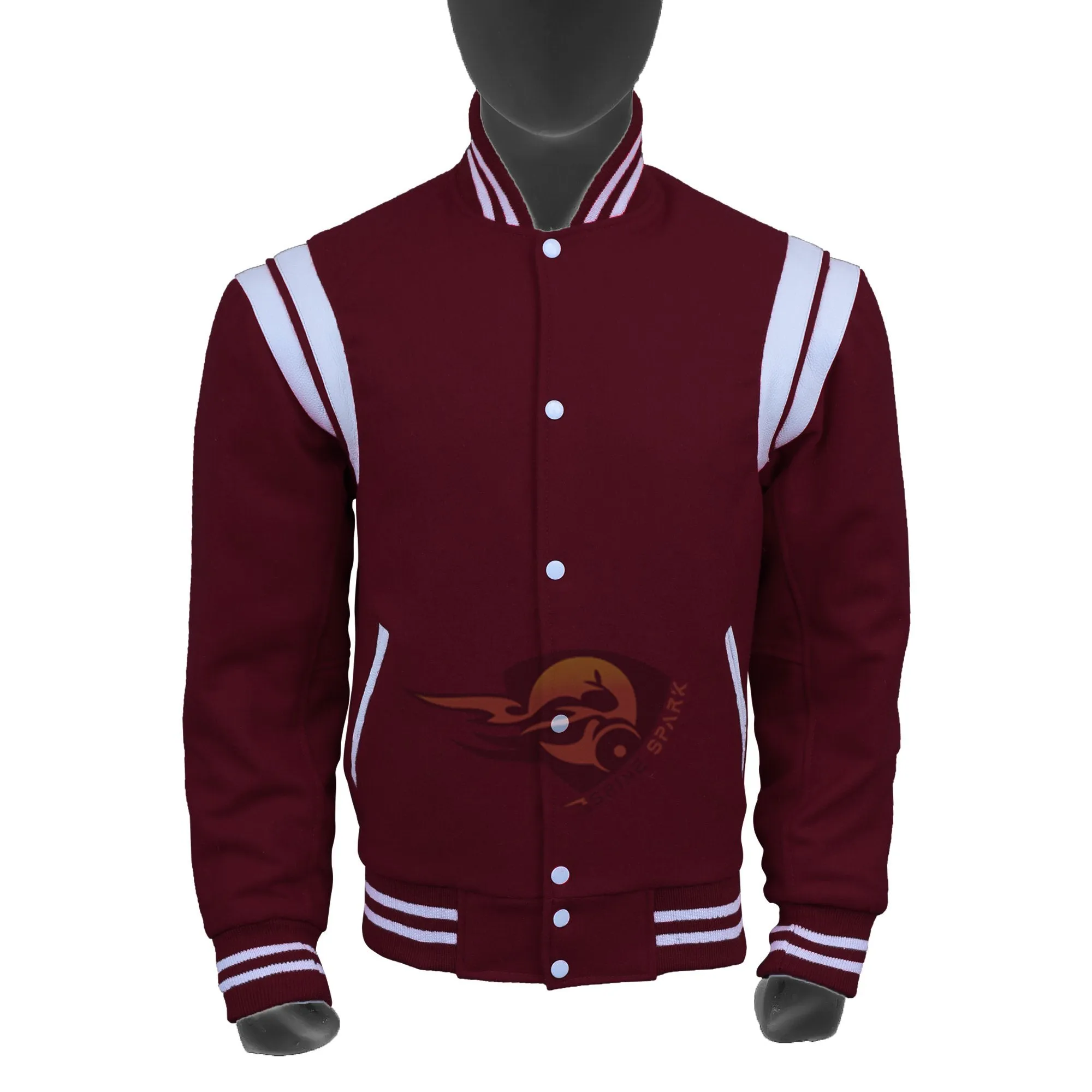 Spine Spark Maroon Wool Varsity Jacket White Leather Stripes