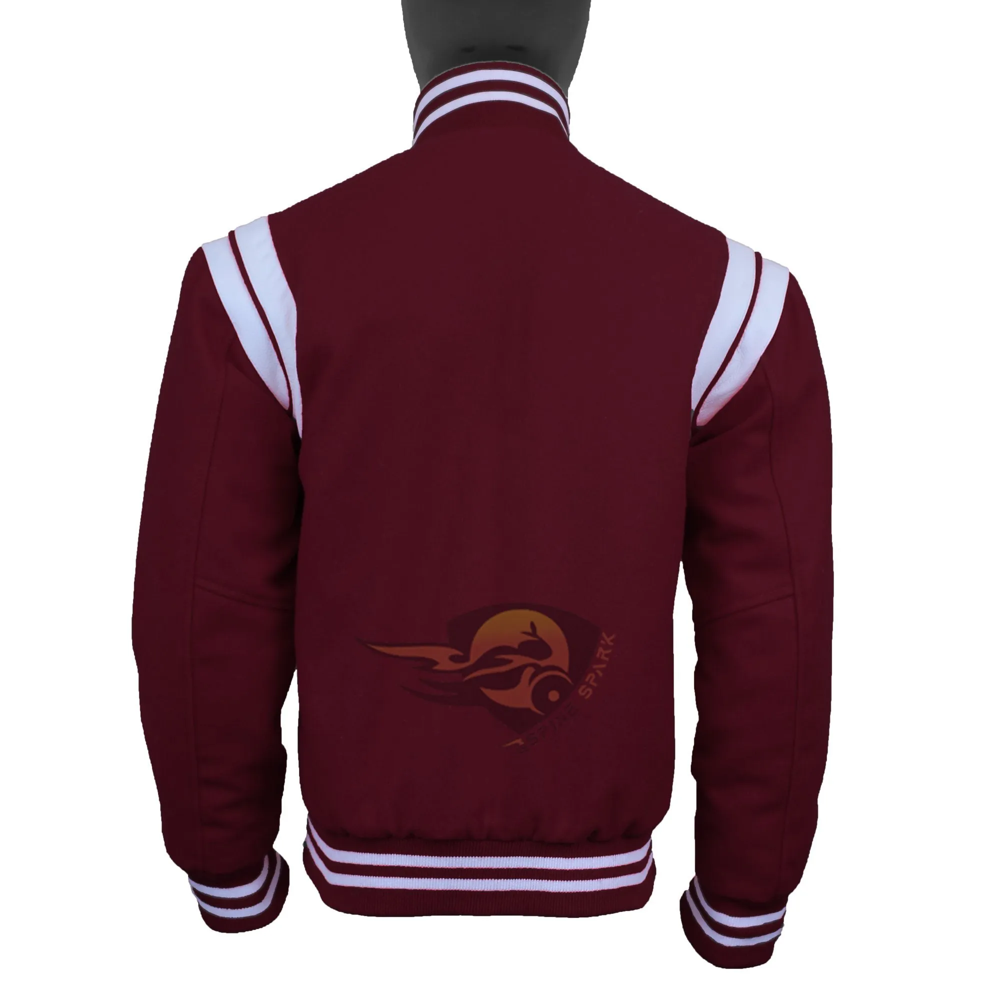 Spine Spark Maroon Wool Varsity Jacket White Leather Stripes