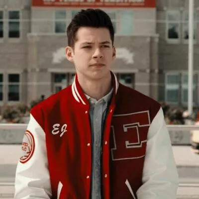 Spine Spark Musical EJ Red Wool Varsity Jacket White Leather Sleeves