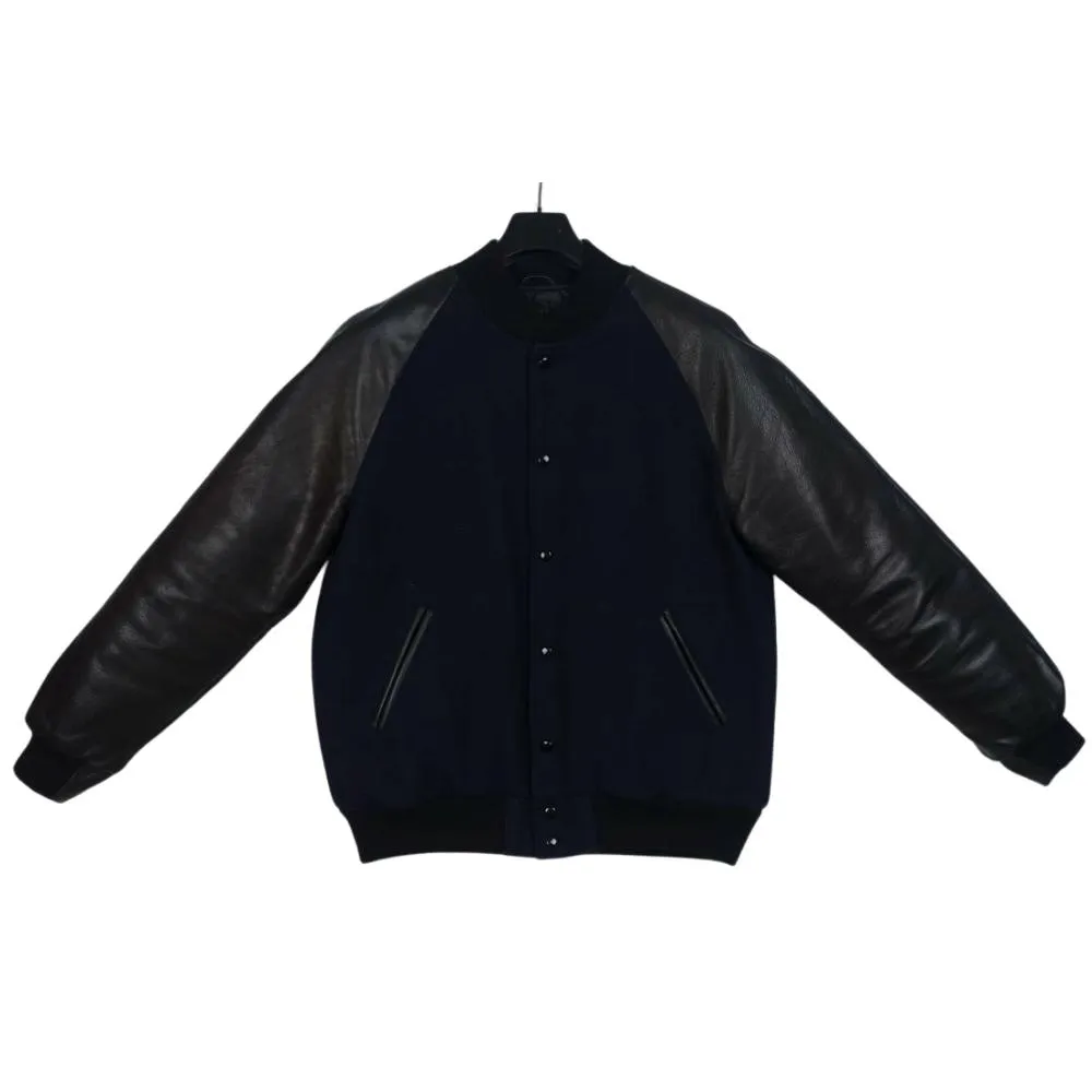 Spine Spark Navy Blue Wool Varsity Jacket Black Raglan Leather Sleeves