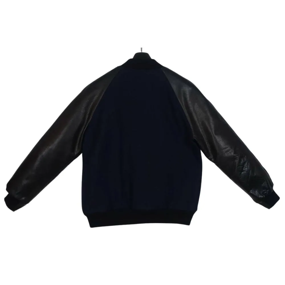 Spine Spark Navy Blue Wool Varsity Jacket Black Raglan Leather Sleeves