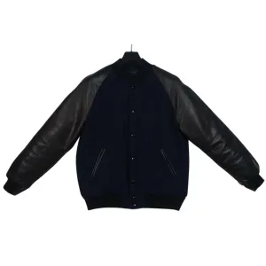 Spine Spark Navy Blue Wool Varsity Jacket Black Raglan Leather Sleeves