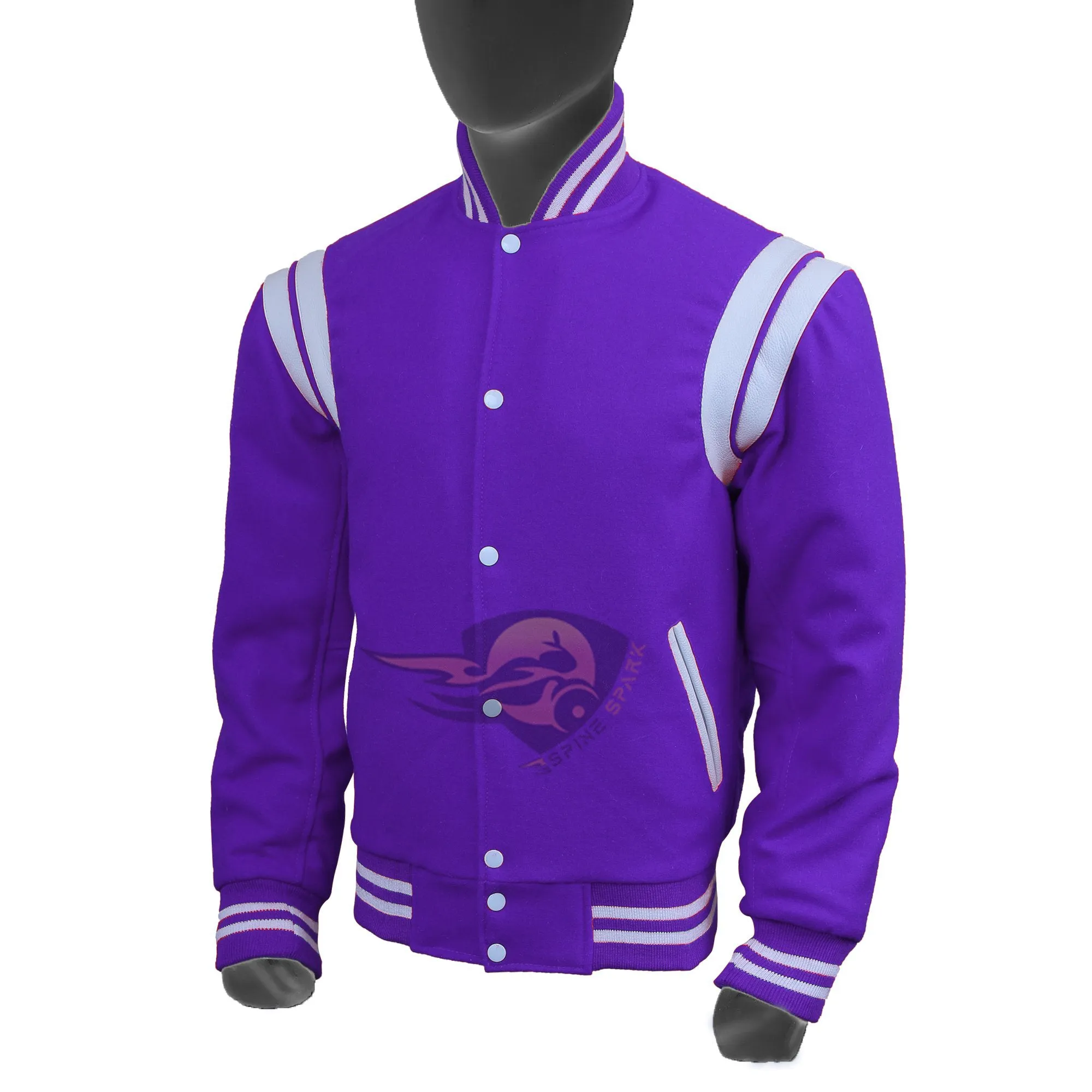 Spine Spark Purple Wool Varsity Jacket White Leather Stripes