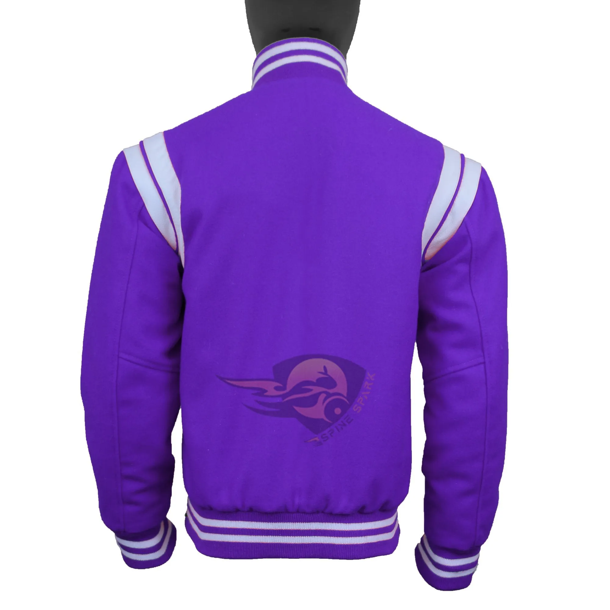Spine Spark Purple Wool Varsity Jacket White Leather Stripes
