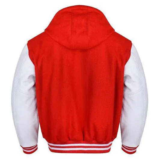 Spine Spark Red Hooded Wool Varsity Jacket White Leather Sleeves