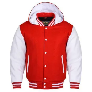 Spine Spark Red Hooded Wool Varsity Jacket White Leather Sleeves