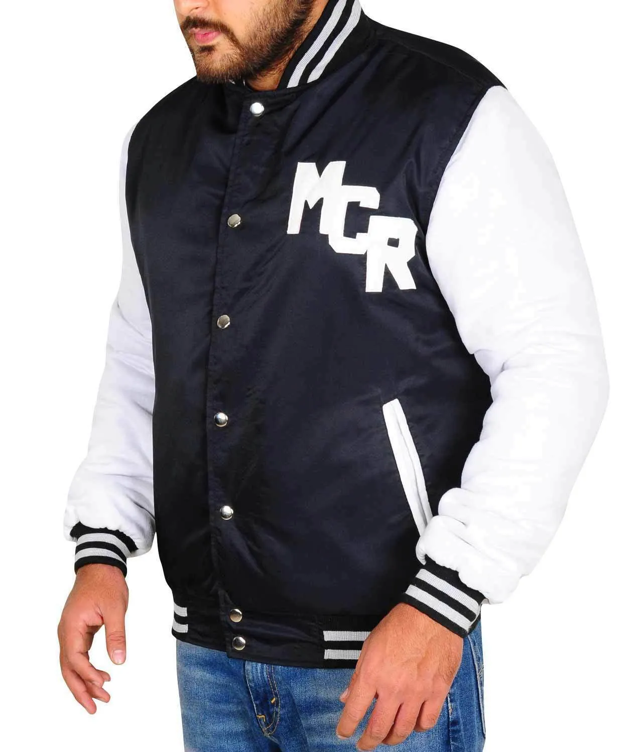 Spine Spark Rock Band Style Black White Bomber Satin Jacket