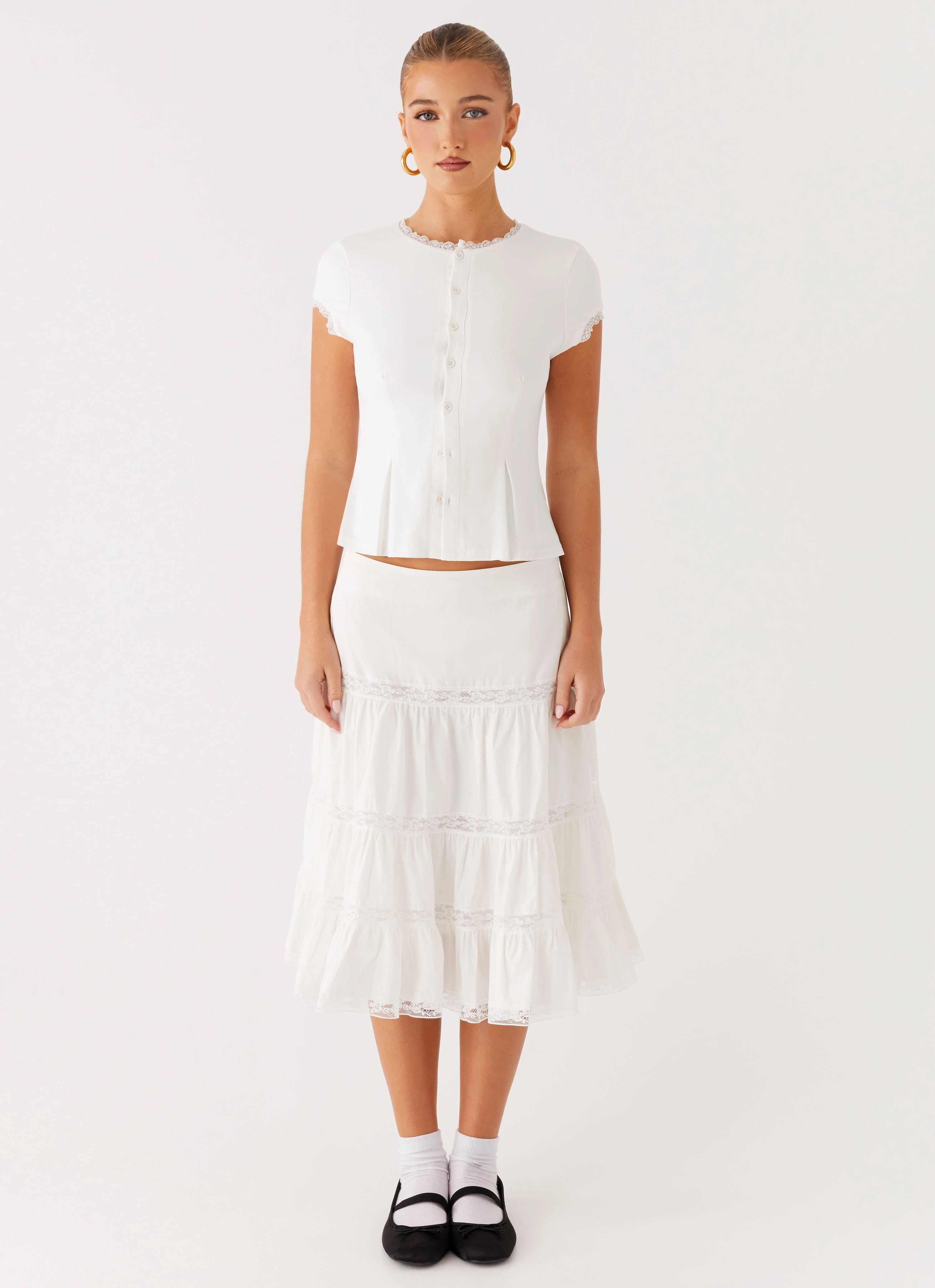 No Ride Up Design Gripper Waistband Good Vibes Midi Skirt - White