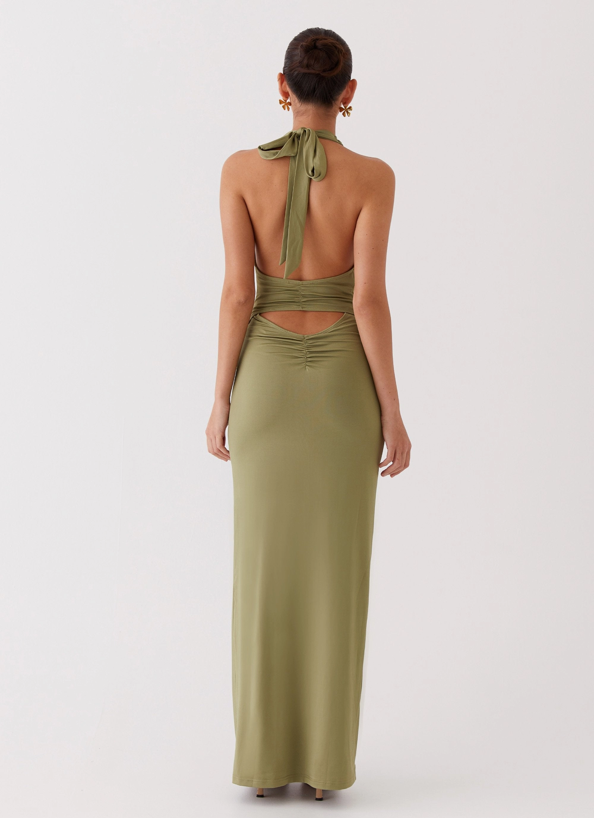 Whisked Away Halterneck Maxi Dress - Olive Sweetheart Cut Seasonal Fit