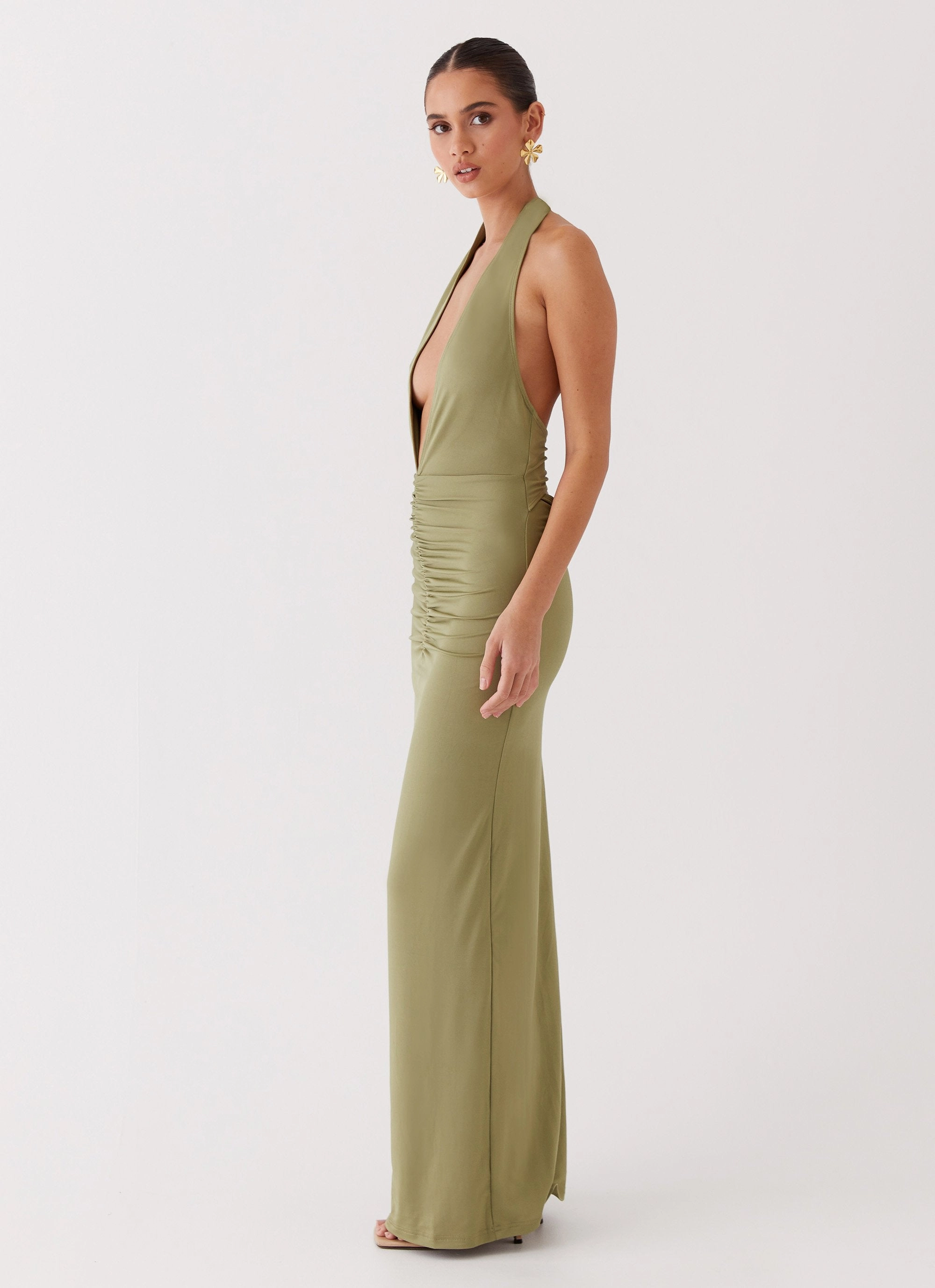Whisked Away Halterneck Maxi Dress - Olive Decorative-Design