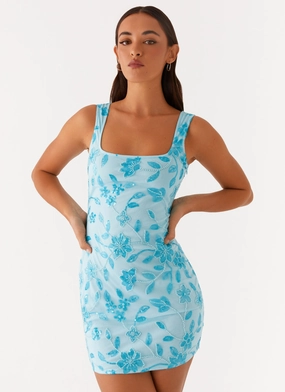 Starlina Square Neck Beaded Mini Dress - Blue Bold Elegance Gemstone-Detail