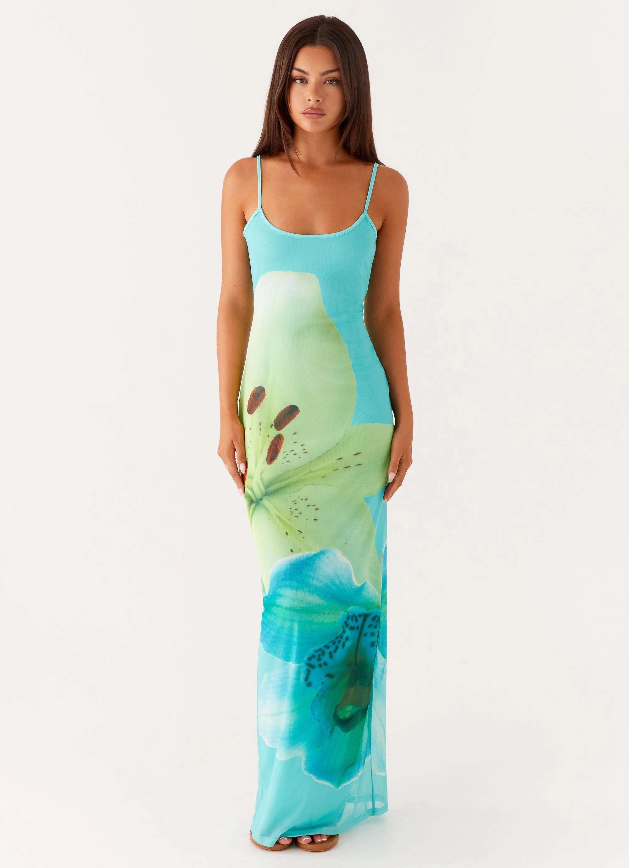 Bad News Mesh Maxi Dress - Turquoise Floral Guest Shine Perfect Day-to-Night