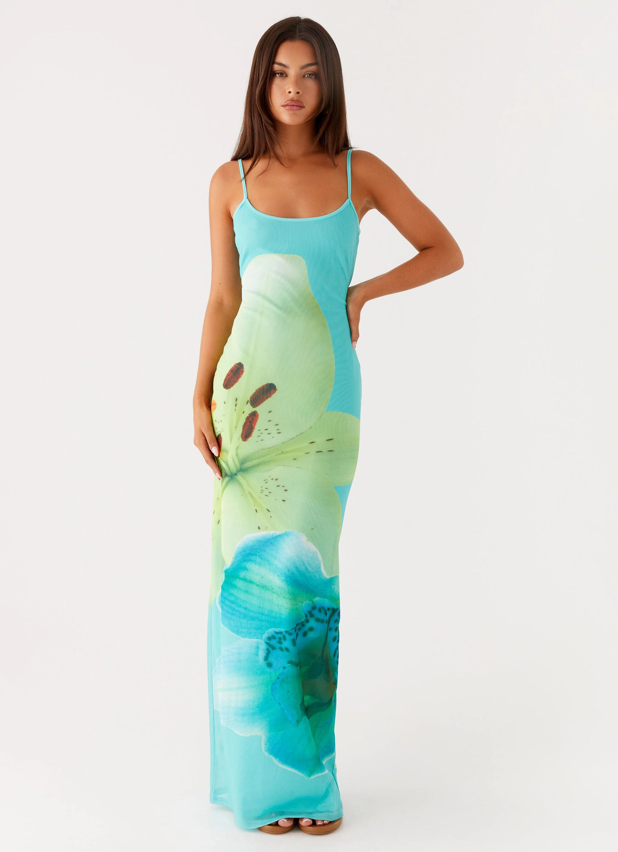 TaglessDesign Bow-Detail Bad News Mesh Maxi Dress - Turquoise Floral
