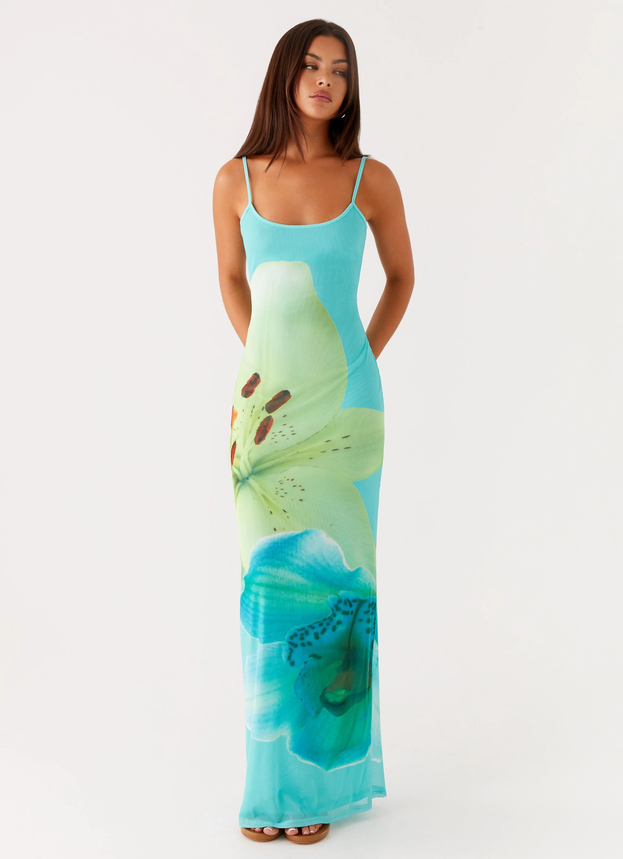Seasonal Comfort Bad News Mesh Maxi Dress - Turquoise Floral
