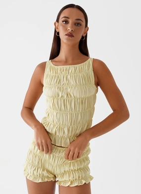 StretchMaterial HiddenVentilationPockets Messina Ruched Tank Top - Yellow