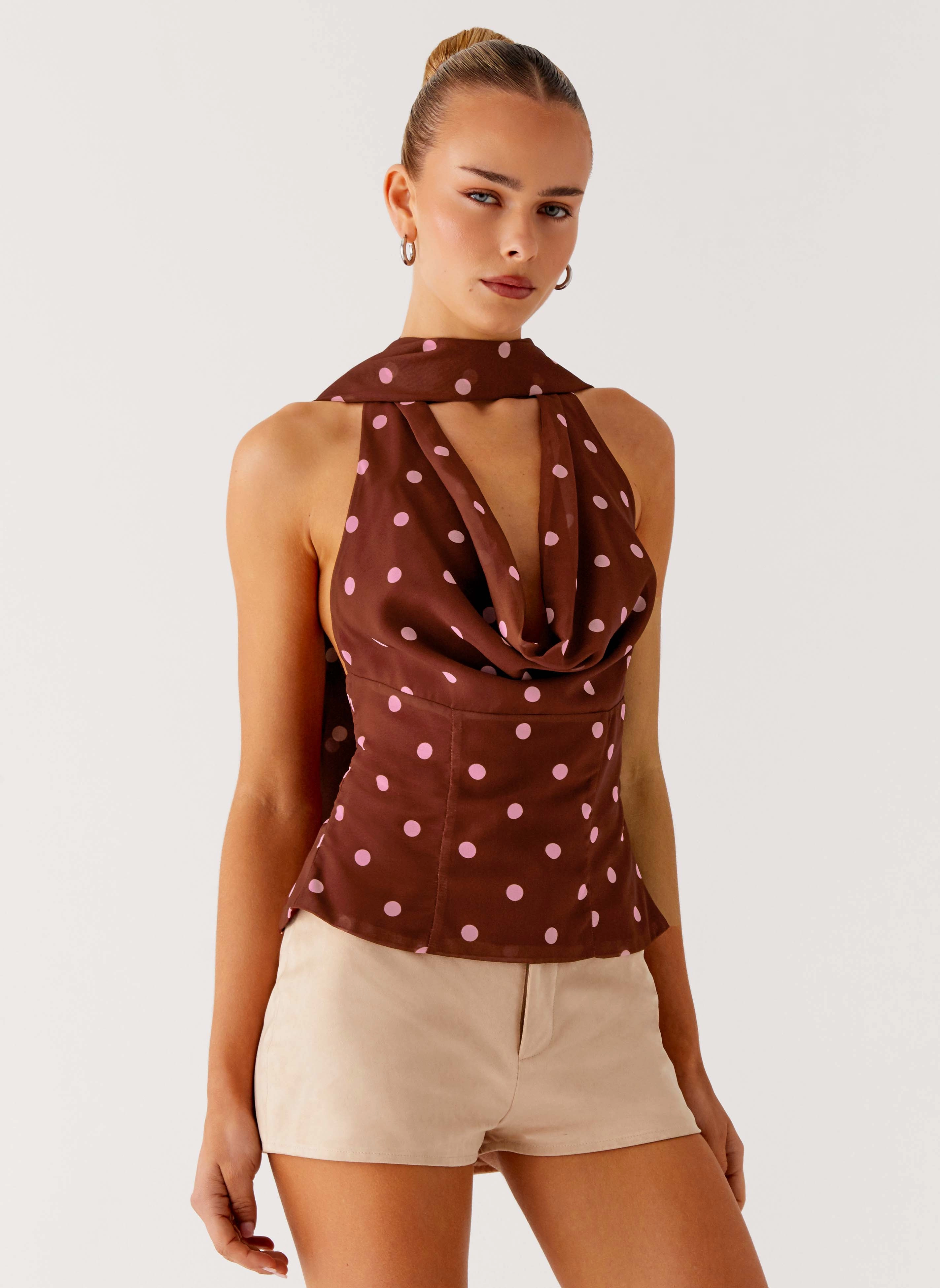 Stealing Love Scarf Top - Chocolate Strawberry Dot Adaptive Waistband Adjustable Hem Cuff