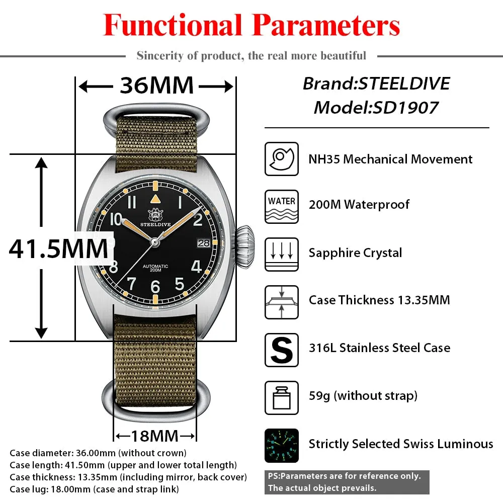 Steeldive SD1907 Automtic British Military W10 Field Watch