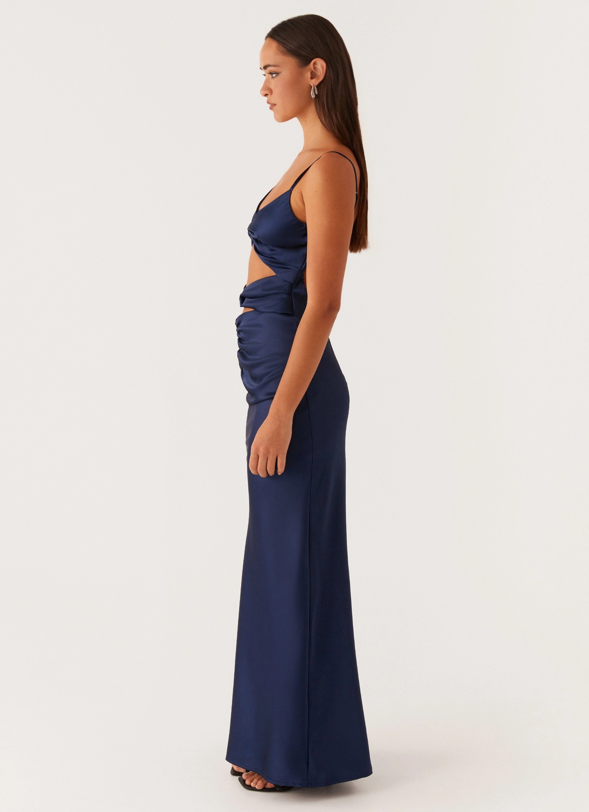 Stormie Satin Maxi Dress - Navy Feather Light Stream Cut