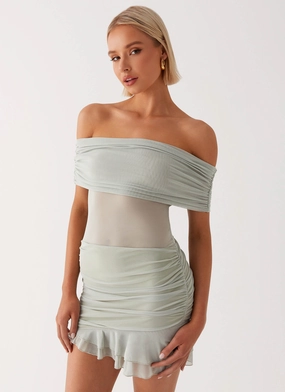 Nelly Off Shoulder Mini Dress - Pistachio Relax Draping Dress-Up Style