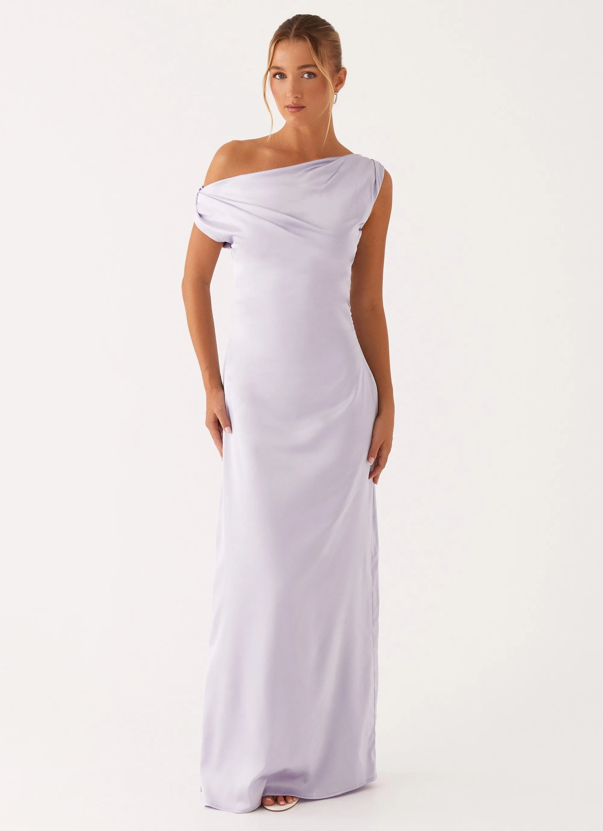 Sleek Vibe Feminine Line Heart Of Glass Satin Maxi Dress - Lilac