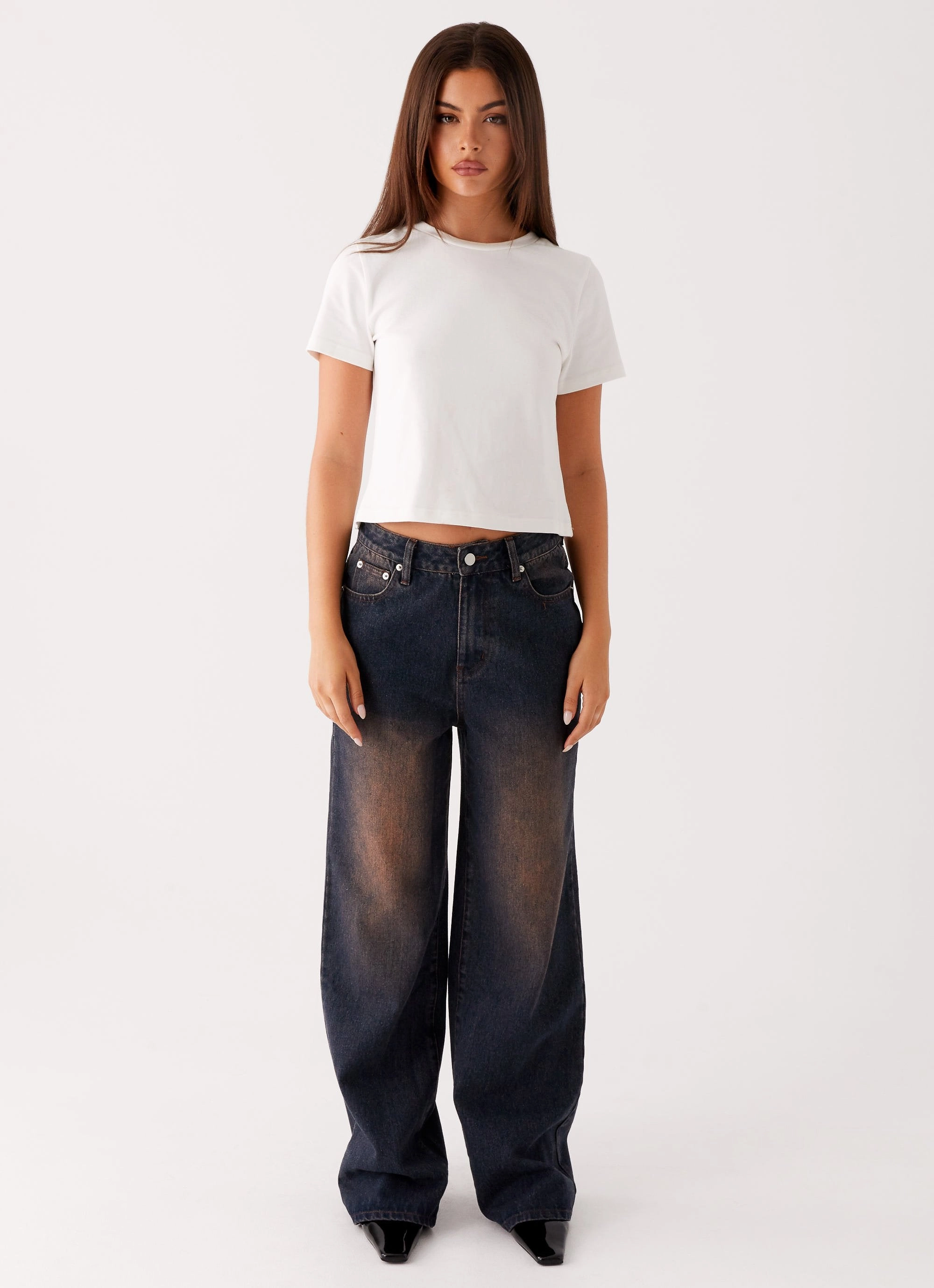 Back Again Straight Leg Denim Jeans - Brown Blue Acid Wash Chilly Weather Wear